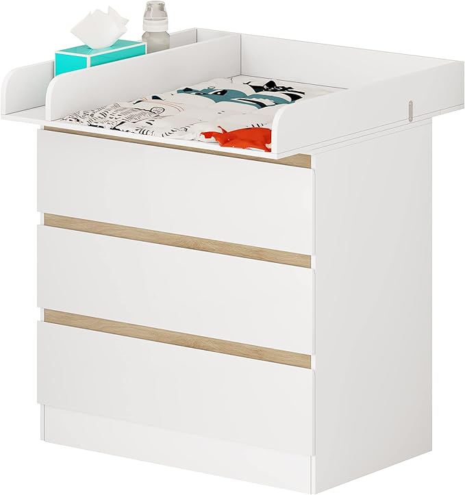 Table à langer WOLTU avec commode trois tiroirs blanche et chêne clair