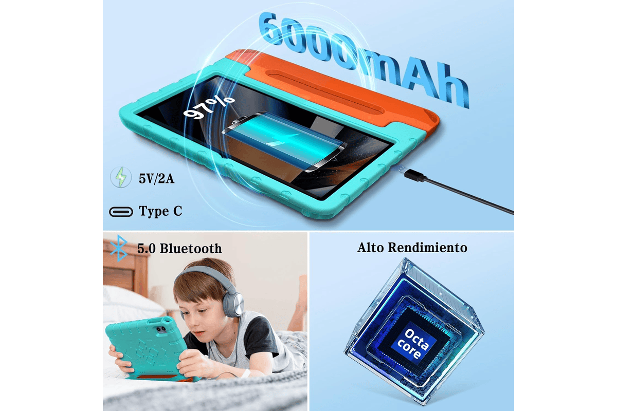 Tablette enfant ZIOVO 10 pouces Android 15 vert avec étui de protection EVA, écran couleur et stylet