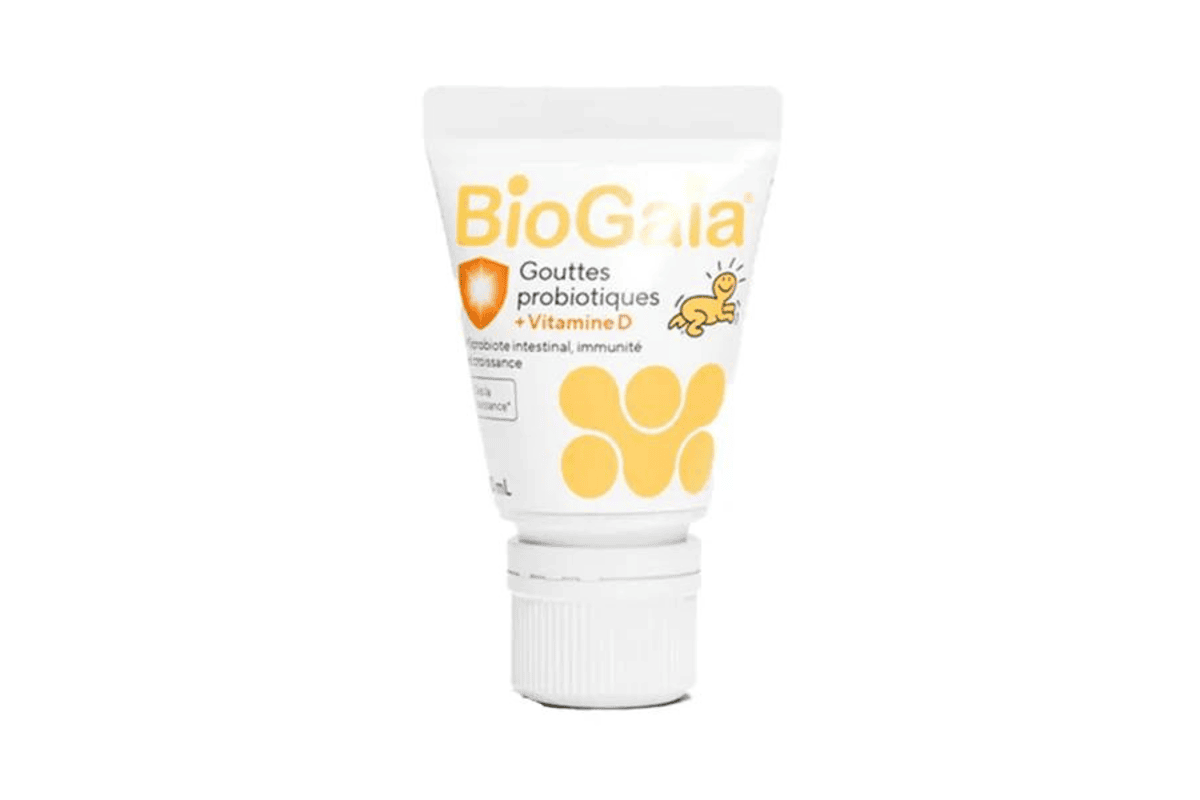 Flacon BioGaia Protectis gouttes probiotiques L. reuteri + vitamine D 10 ml sur fond blanc