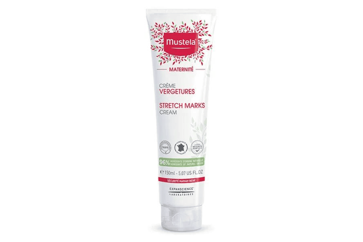 Tube blanc Mustela Maternité Crème Prévention Vergetures Sans Parfum 150 ml sur fond épuré