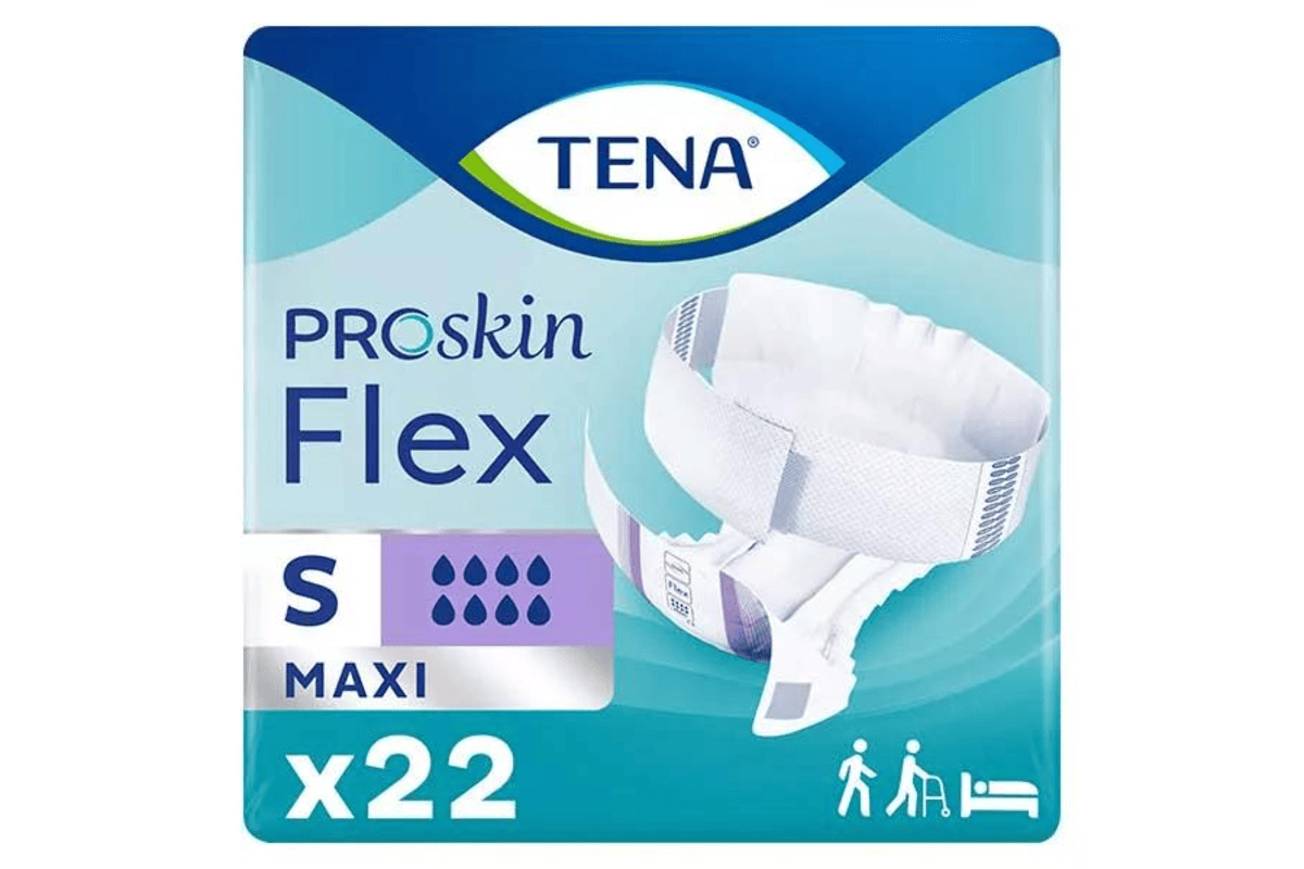 Paquet TENA Proskin Flex Change avec ceinture Maxi Taille S 22 unités sur fond blanc