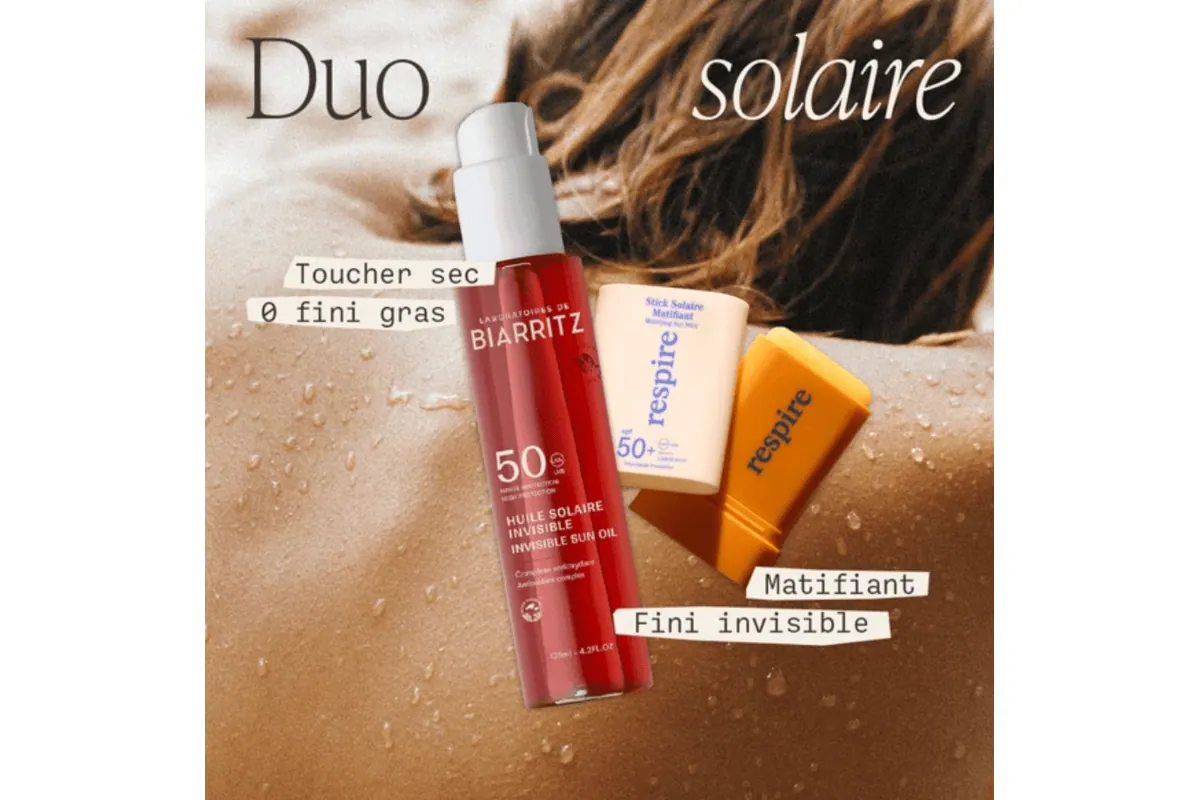 Duo solaire Laboratoire de Biarritz huile solaire SPF50 et Respire stick solaire matifiant SPF50+ Splendist Été Blissim