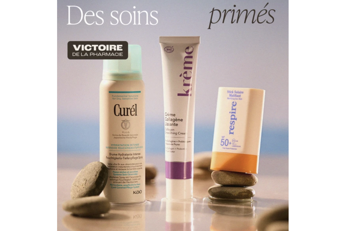 Trio soins primés Curél brume hydratante Krème crème collagène lissante Respire stick solaire Victoire de la Pharmacie Blissim
