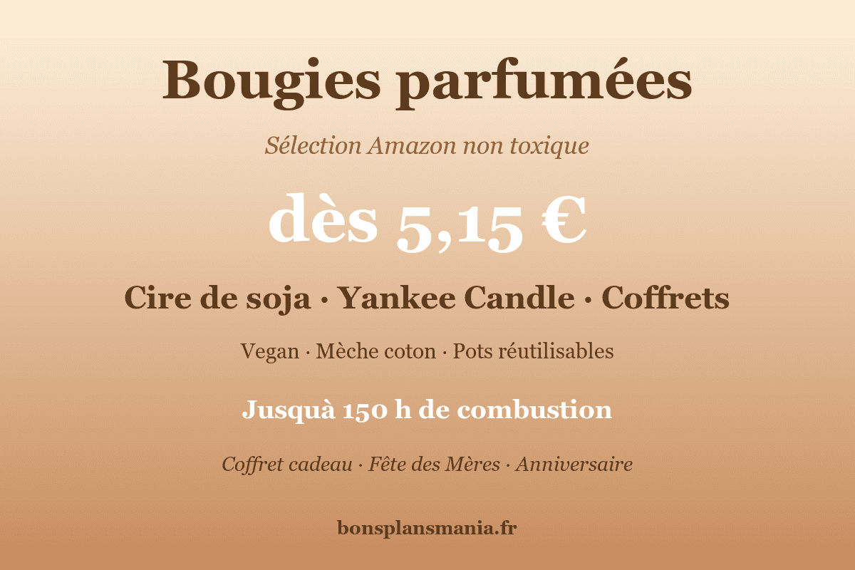 Bougies parfumées Amazon dès 5,15 € — sélection non toxique en cire de soja (Yankee Candle Grande Jarre, coffret 12 bougies, Simon & Tom vanille luxe, Glade Vegan, Air Wick Botanica), mèche coton, jusqu'à 150 h de combustion, parfait coffret cadeau Fête des Mères et anniversaires
