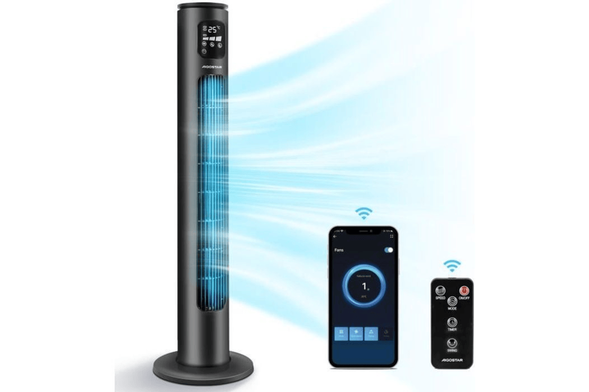Aigostar Ross Smart — Ventilateur tour 97 cm, télécommande, oscillation 70°, 50 W, silencieux, écran LED, WiFi + Bluetooth Cdiscount 179,99 euros juillet 2026 bon plan