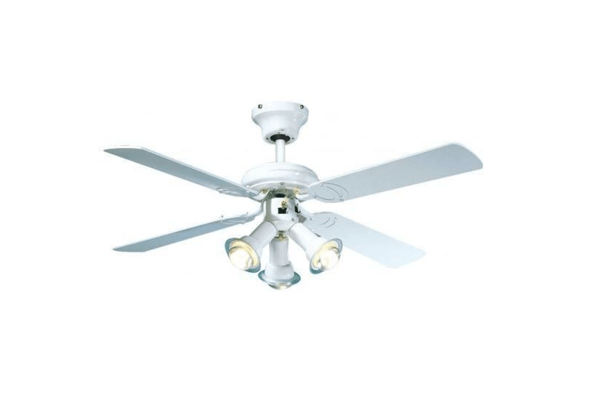 Farelek Maldives — Ventilateur de plafond réversible Ø 107 cm, 4 pales laquées blanc + éclairage 3 spots 60 W E14 Cdiscount 69,90 euros juillet 2026 bon plan