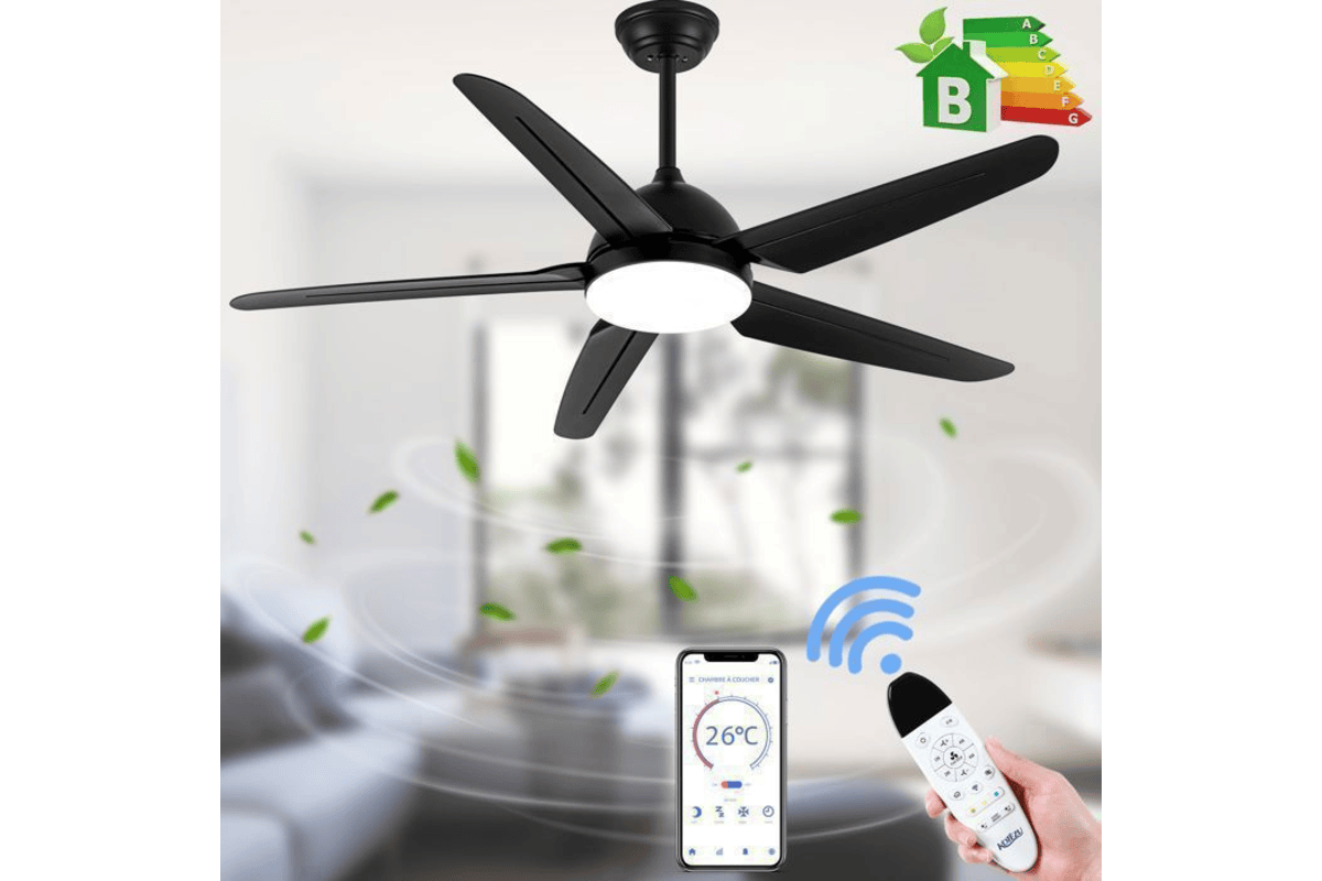 Kotezu Ventilateur plafond avec lumière 132 cm silencieux DC réversible 5 pales noir + télécommande Cdiscount 149,99 euros juillet 2026 bon plan