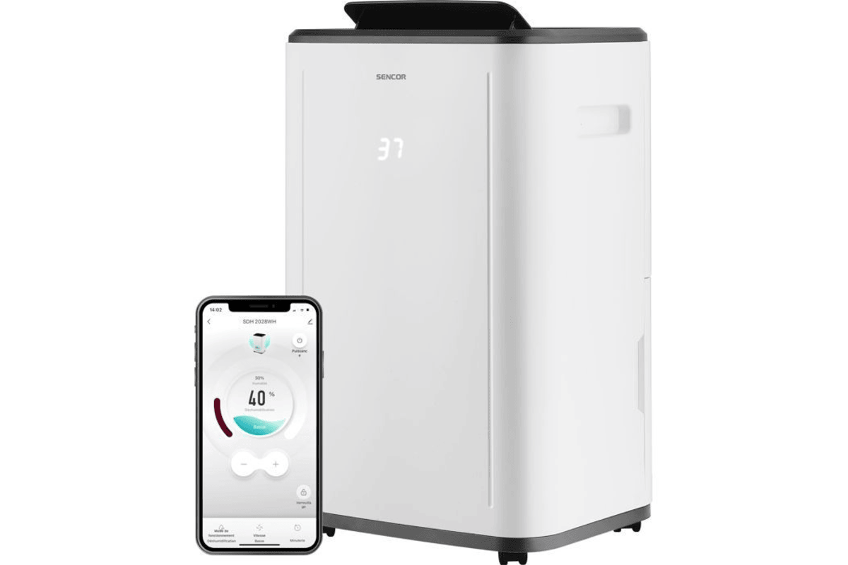 Sencor SDH 2028WH — Déshumidificateur mobile intelligent 360 W, 20 L/jour, réservoir 6 L, 2 vitesses, blanc Cdiscount 149,99 euros juillet 2026 bon plan
