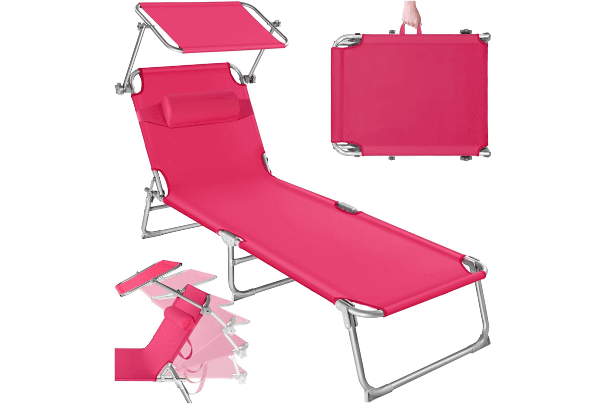 Chaise longue Tectake pliante bain de soleil pare-soleil appuie-tête inclinable transat jardin rangement compact