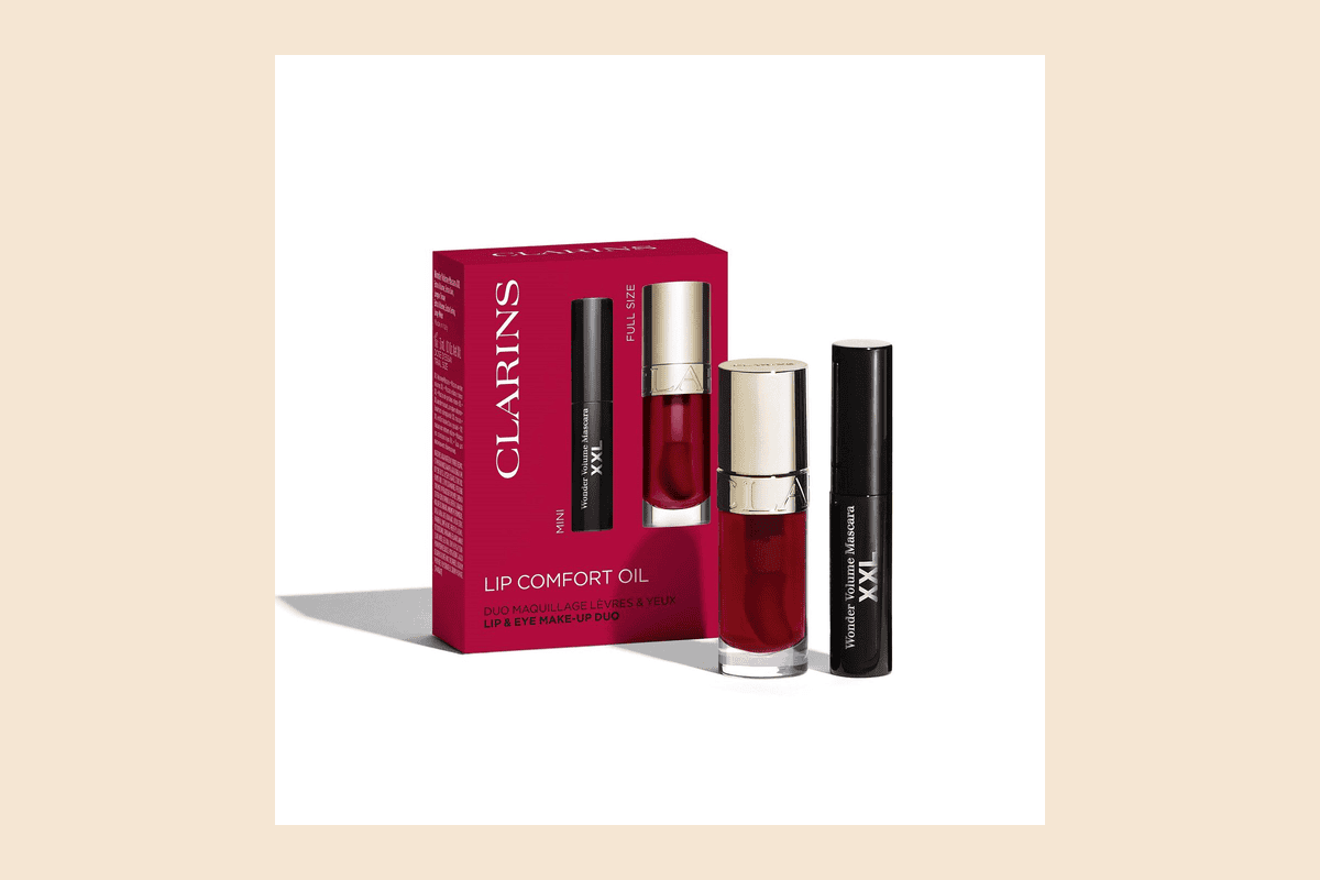 Coffret Clarins Essentiels Maquillage Lèvres et Yeux Lip Comfort Oil 7 ml et Mascara Wonder Volume XXL 3 ml soldes été 2026 25,20 euros au lieu de 36 euros