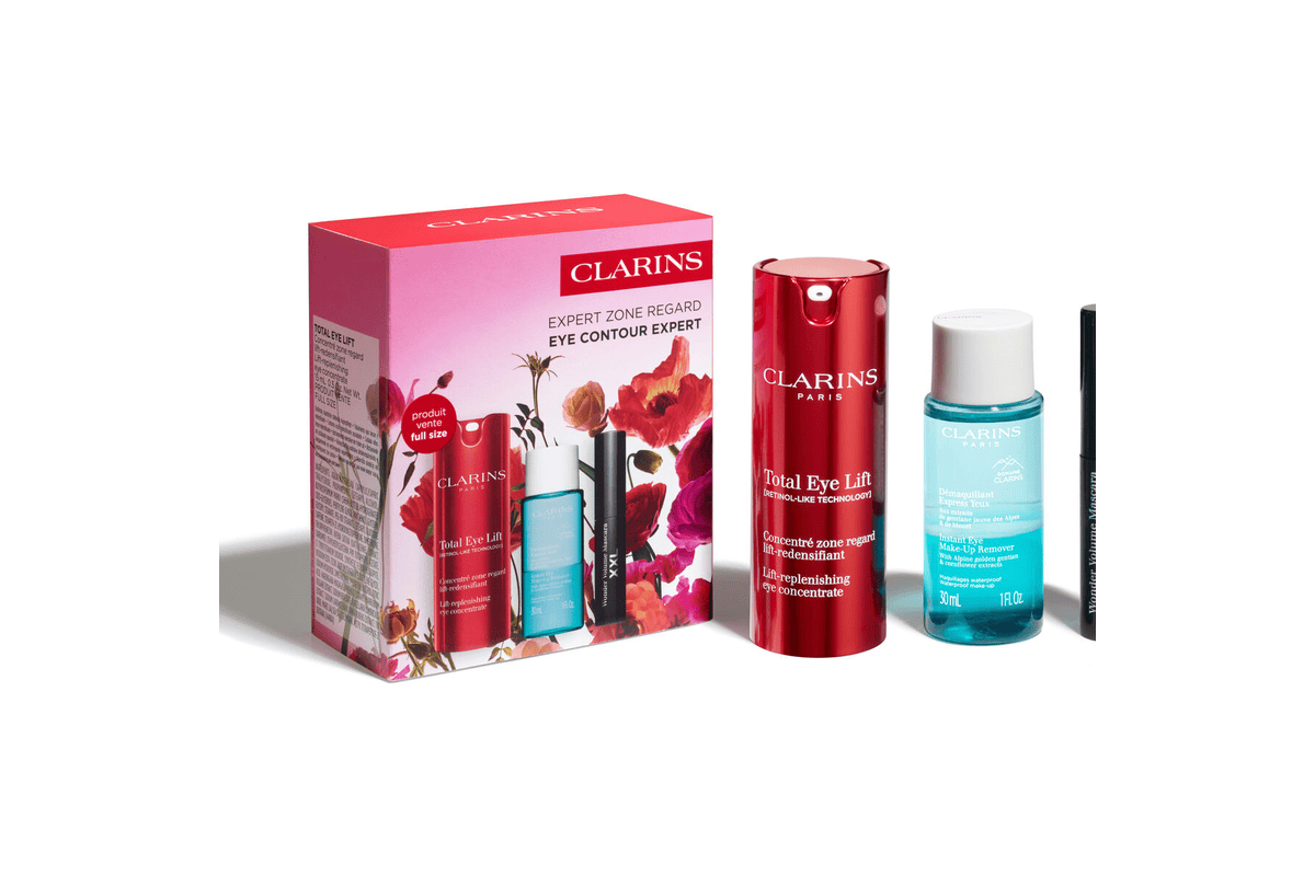 Coffret Clarins Regard Total Eye Lift contour des yeux rétinol naturel démaquillant biphasé waterproof mascara Wonder Volume XXL soldes été 2026