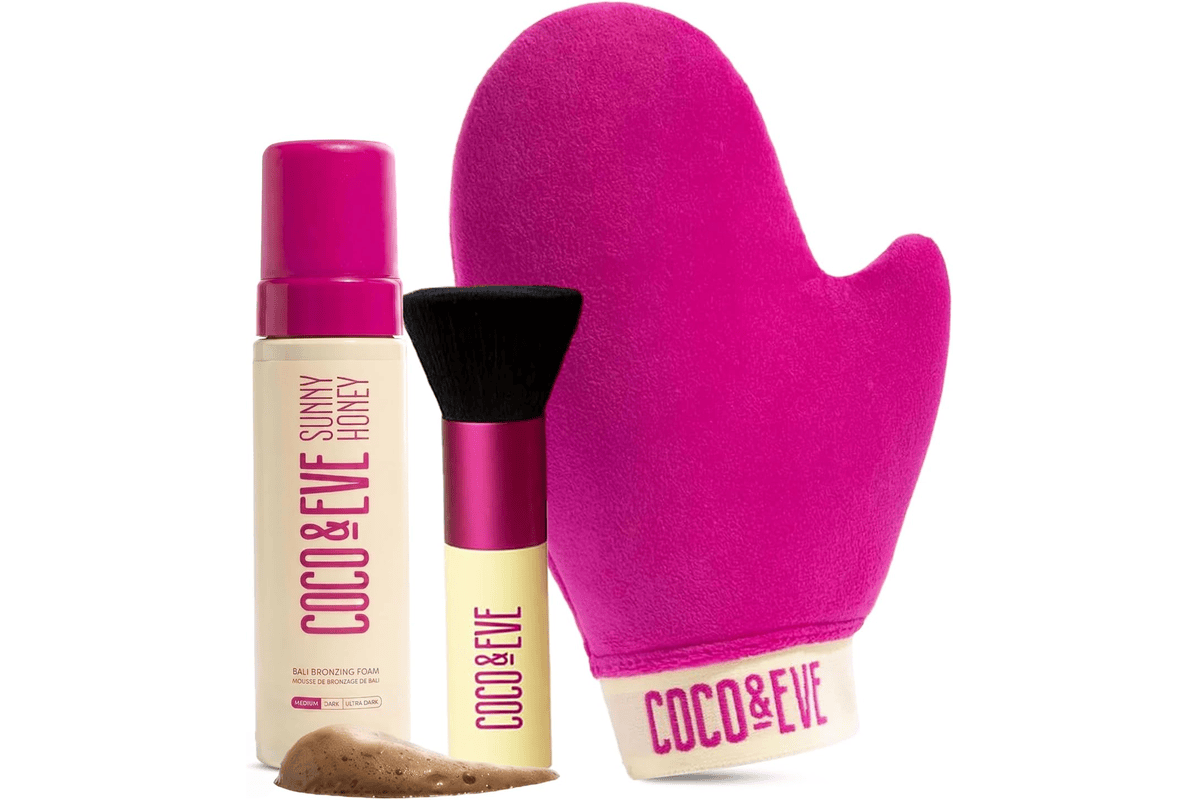 Coco Eve kit bronzage Sunny Honey Bali moyen mousse autobronzante sans soleil entierement naturelle gant applicateur lotion