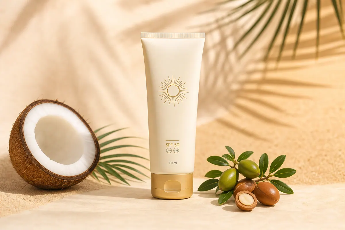 Tube de crème solaire hydratante SPF 50 aux huiles végétales, format 100 ml