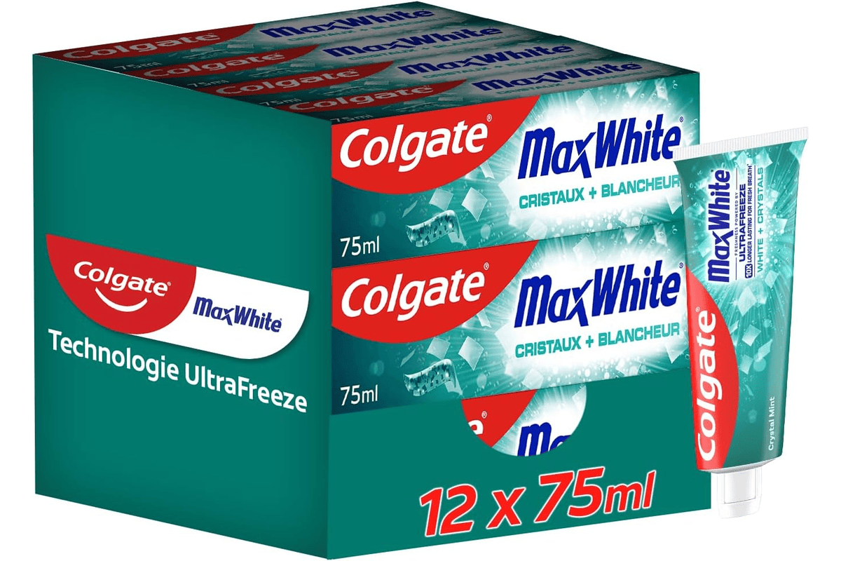 Colgate Max White Cristaux Blancheur dentifrice technologie UltraFreeze haleine fraiche dents blanches lot 12 tubes 75ml stock