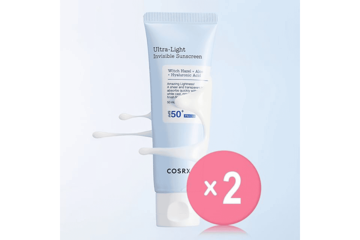 Duo crème solaire COSRX Ultra Light Invisible Sunscreen 2 x 50 ml SPF50+ PA++++ en promo -44 % à 23,51 € sur YesStyle aloe vera hamamélis K-beauty coréenne
