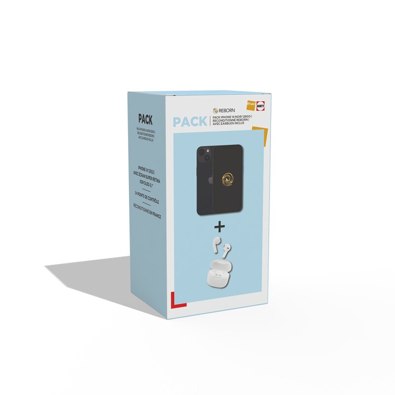 Pack Reborn avec iPhone 14 noir reconditionné et écouteurs True Wireless blancs