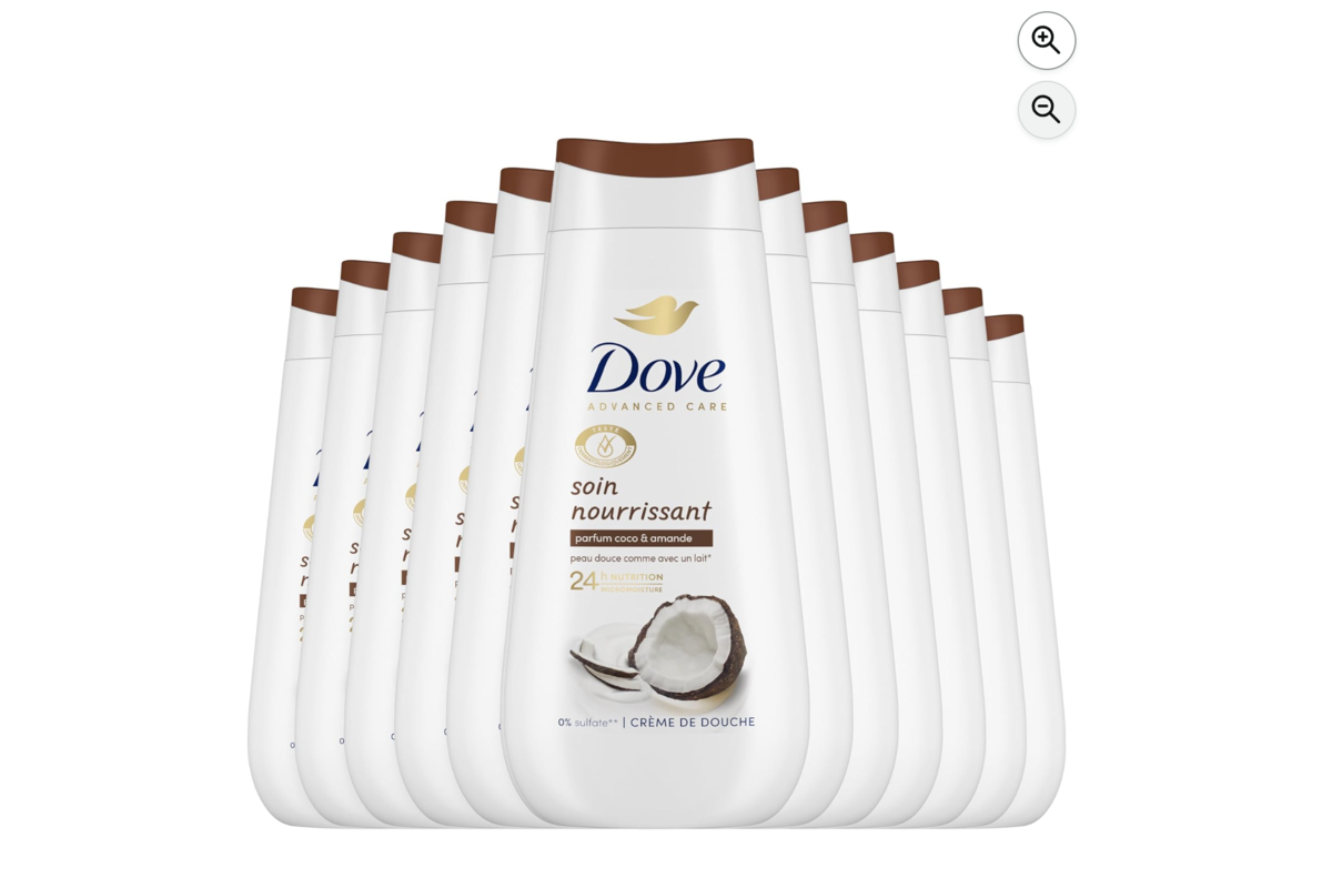 Dove Advanced Care crème de douche Coco Amande lot 12 flacons 225 ml hydratation 24h