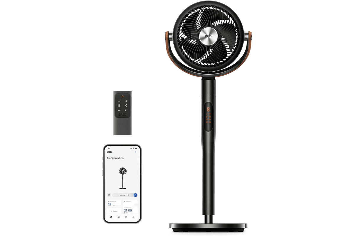 DREO Smart ventilateur sur pied 25 dB silencieux flux 7,5 m/s portée 30 m oscillation 120° + 105° télécommande 6 modes 144,49 € Amazon