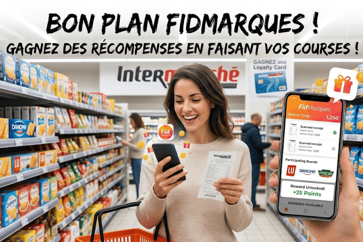Bon plan FidMarques : gagnez des récompenses en faisant vos courses — scan de ticket Intermarché avec points et reward unlocked +25 points dans l'appli FidMarques