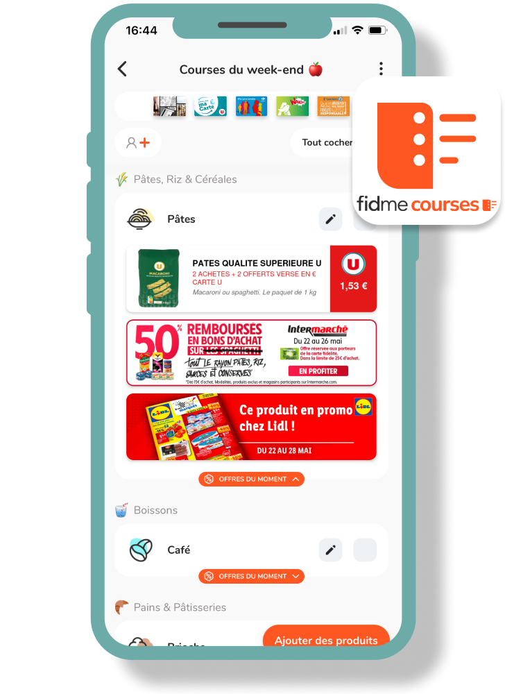 Application FidMe Courses avec liste et promotions