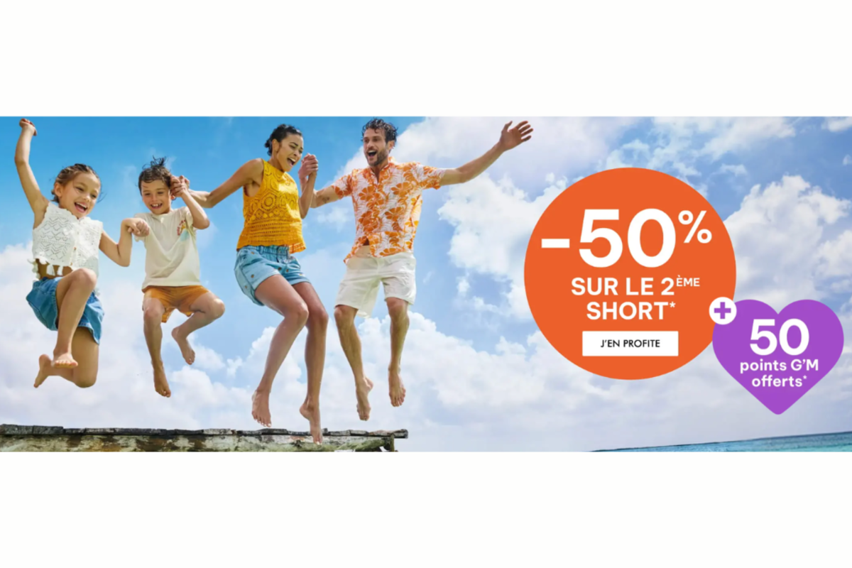 Gémo été 2026 : -50% sur le 2e short, -30% maillots de bain et Adidas, concours Europa-Park