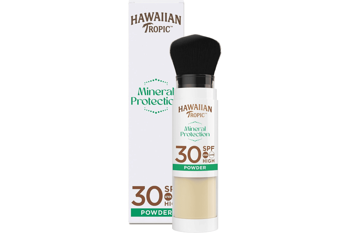 Hawaiian Tropic Mineral Brush poudre solaire SPF 30 visage filtres mineraux pinceau applicateur retouches portable plage
