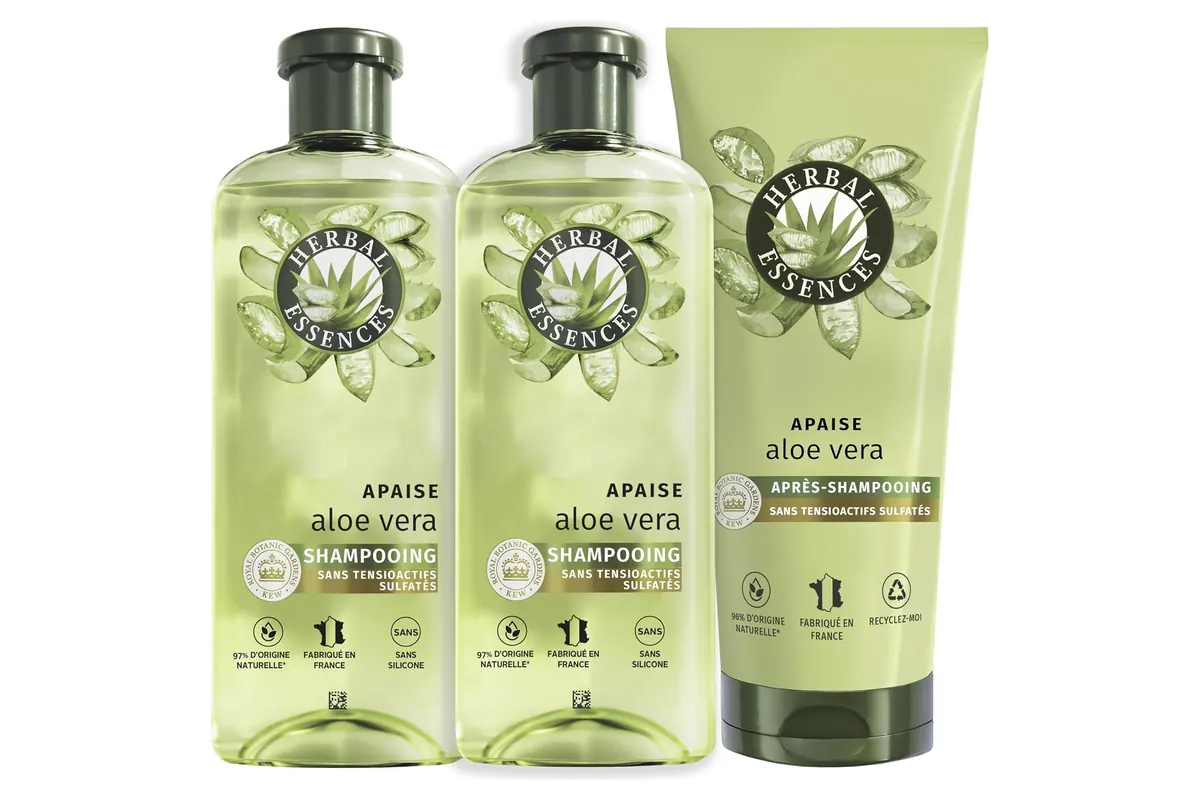 Le lot Herbal Essences Apaise aloe vera: deux flacons de shampoing 250 ml et un tube d'après-shampoing 200 ml