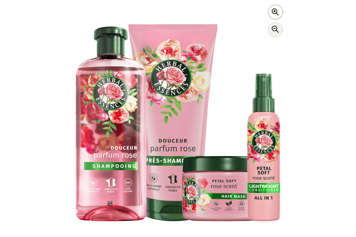Herbal Essences Shampoing Douceur Rose Petal Soft 650 ml gamme complète sans silicone 97 % naturel vegan fabrication France