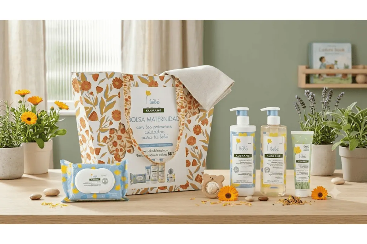Bon plan Klorane Coffret Bébé Premier 5 soins gel de bain lait hydratant crème change lingettes pochette maternité calendula bio 35,10 euros Perfumes Club