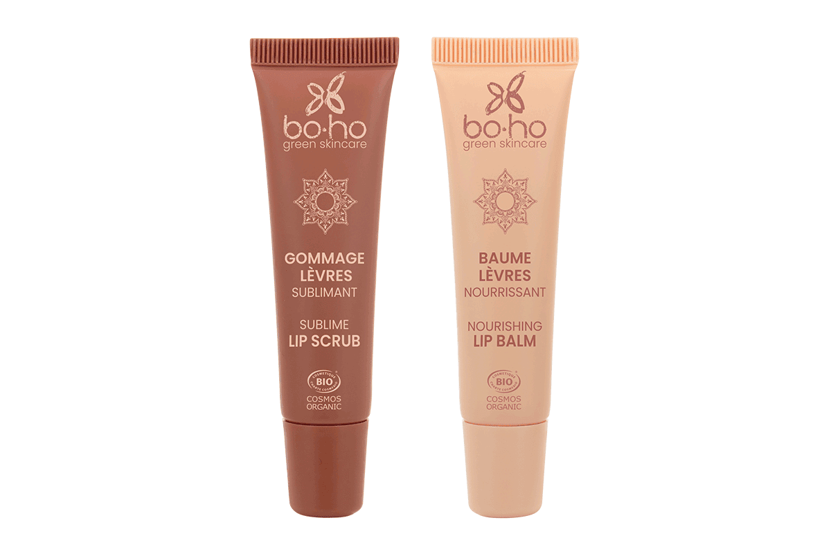 Duo baume + gommage lèvres Boho Green Beauty bio Léa Nature made in France soldes -25 pourcent à 11,9 euros au lieu de 15,9 euros juillet 2026