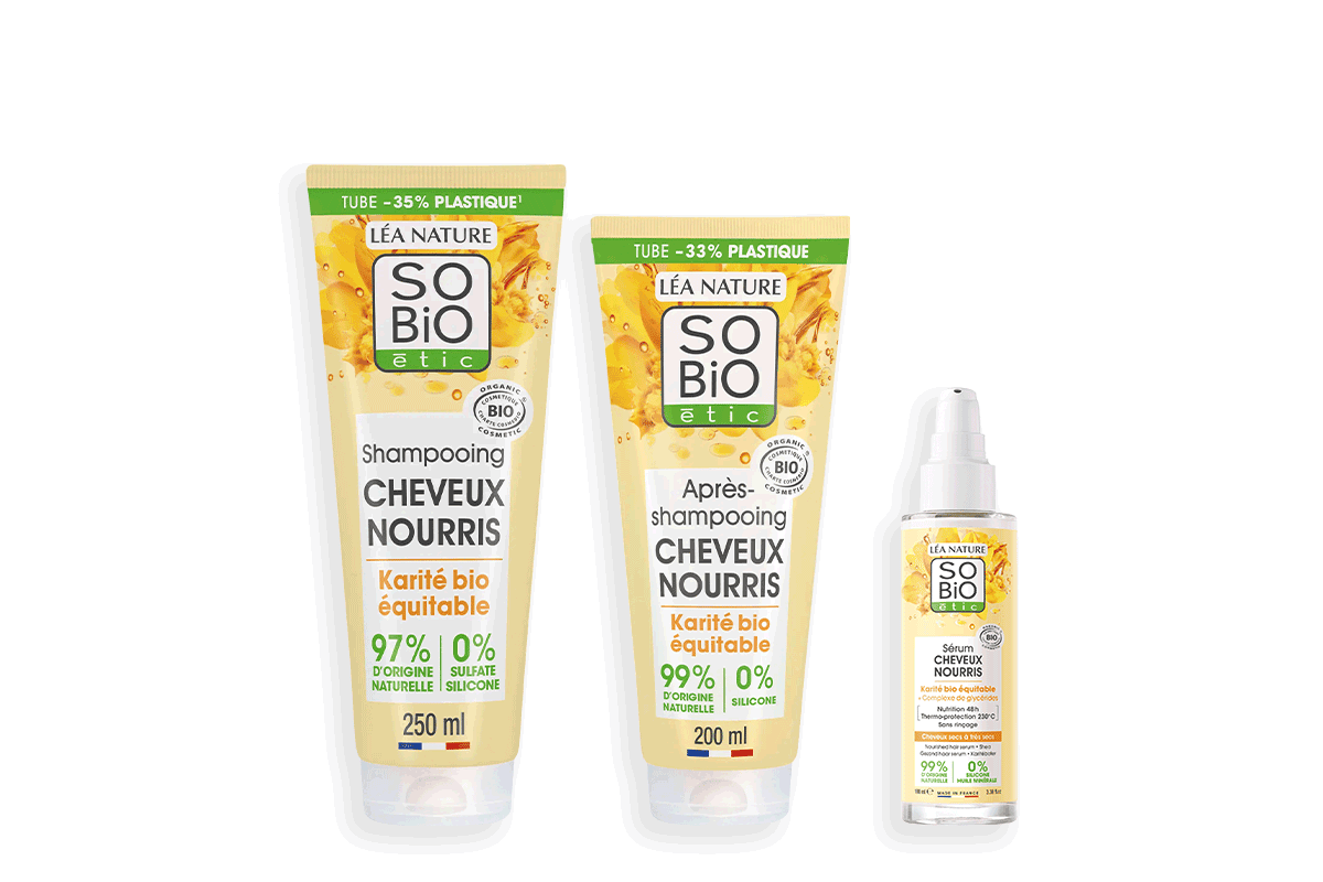 Routine cheveux nourris karité bio So Bio Etic bio Léa Nature made in France soldes -20 pourcent à 15 euros au lieu de 18,65 euros juillet 2026