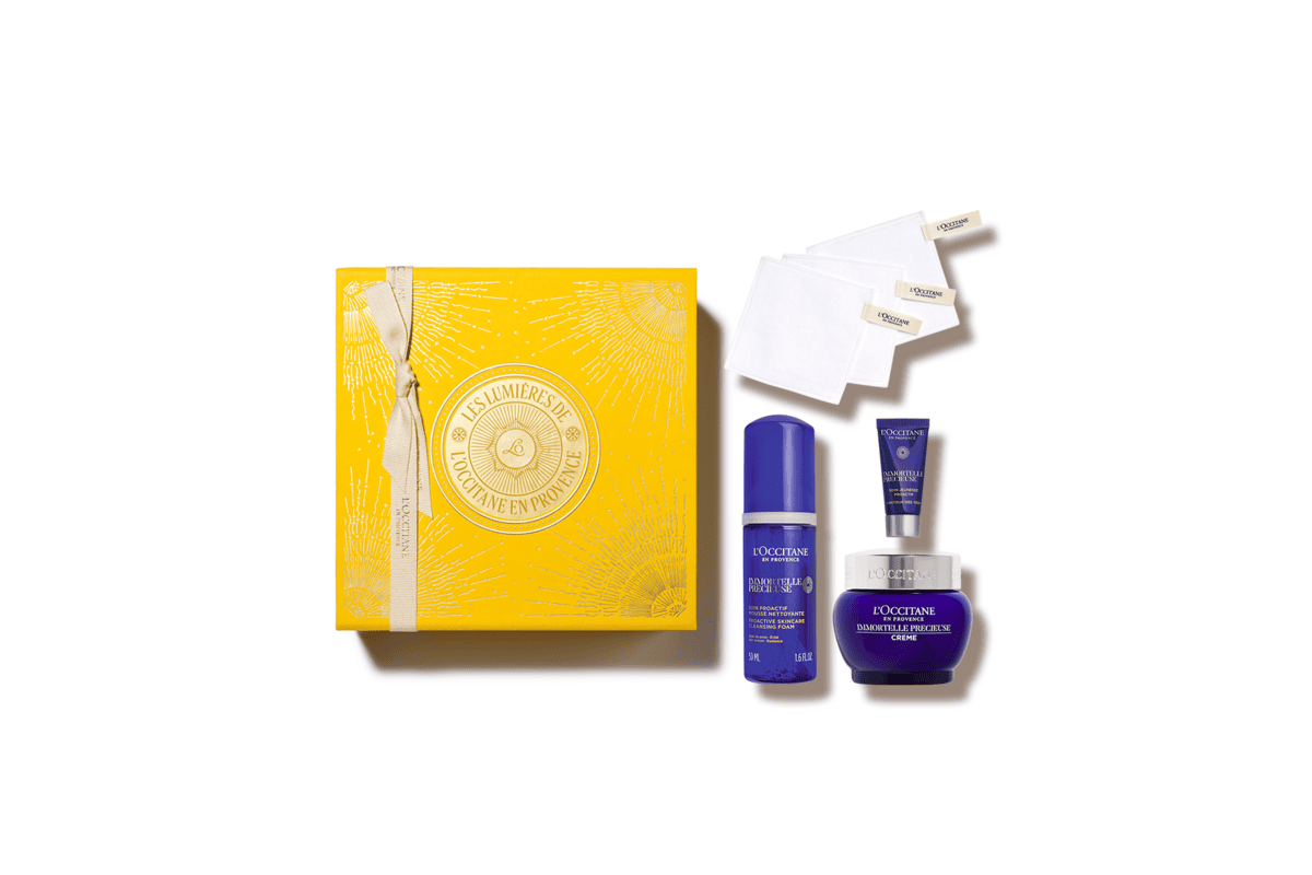 Coffret Visage Immortelle Précieuse L'Occitane packaging blanc et vert Provence produit officiel promo soldes été 2026