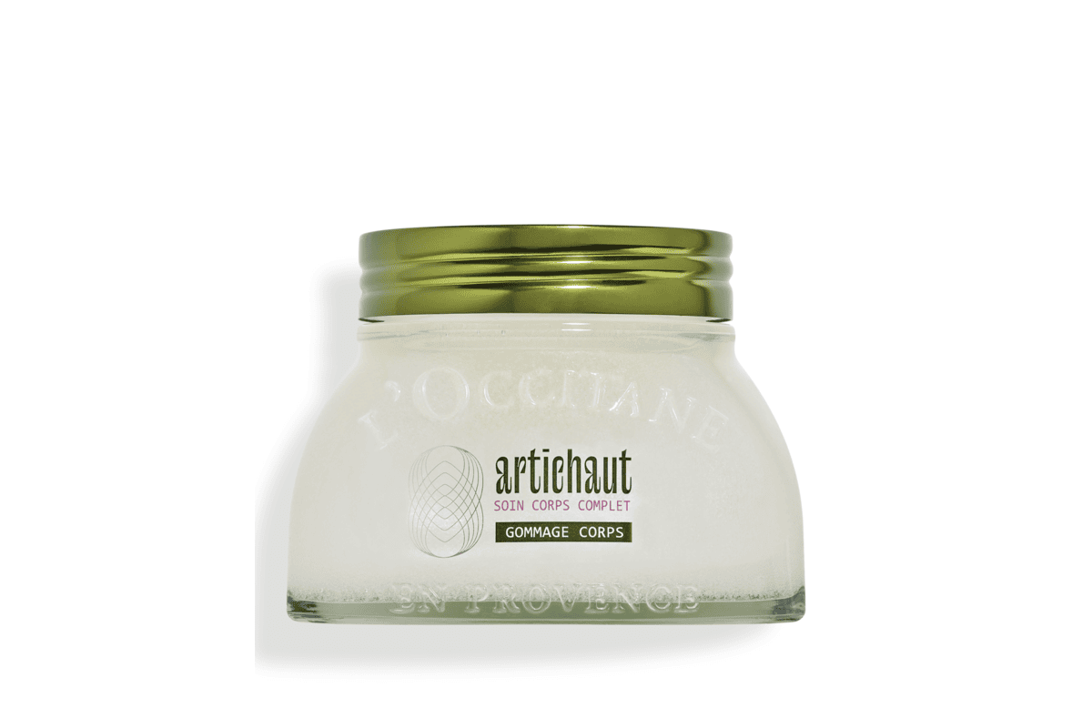 Gommage Corps Drainant Artichaut L'Occitane 200 ml packaging blanc et vert Provence produit officiel promo soldes été 2026