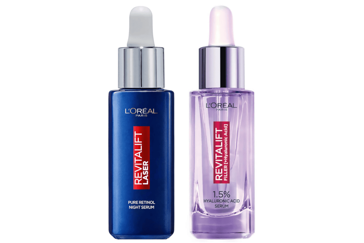 L'Oréal Paris duo sérum Revitalift Filler acide hyaluronique et Revitalift Laser rétinol anti-âge jour nuit