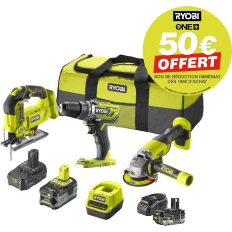 Pack Ryobi 18V ONE+ avec perceuse, scie sauteuse, meuleuse, trois batteries, deux chargeurs et sac