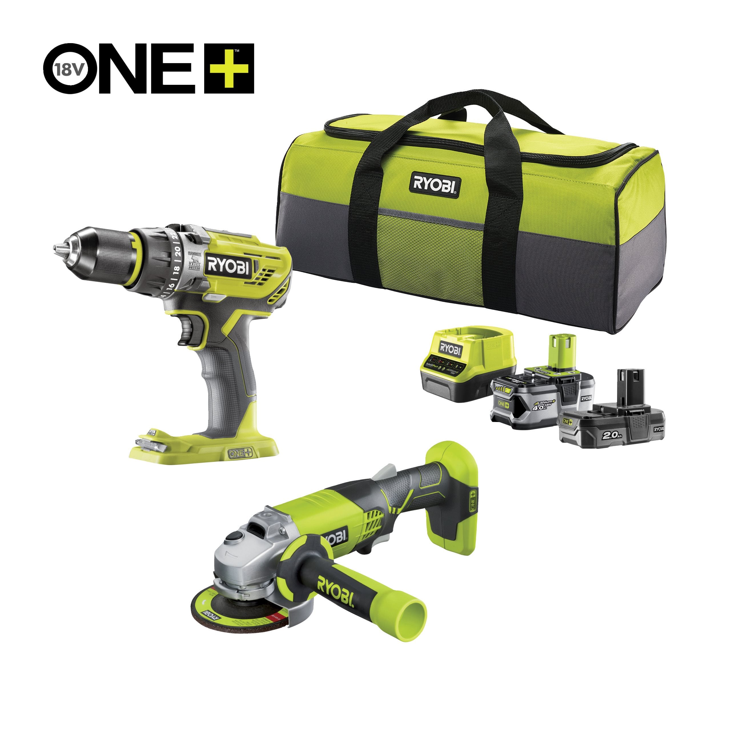 Pack Ryobi 18V ONE+ avec perceuse à percussion, meuleuse, batteries, chargeur et sac