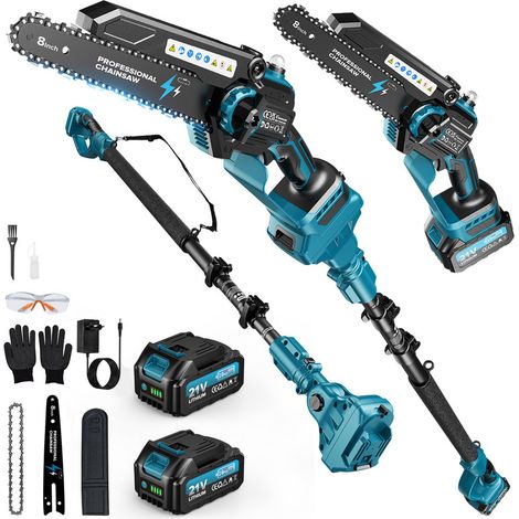 Tronçonneuse télescopique Rinoxar 2-en-1 avec deux batteries et accessoires