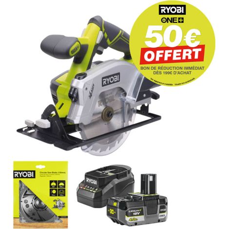 Scie circulaire Ryobi RWSL1801M 18V avec batterie, chargeur et seconde lame chez ManoMano