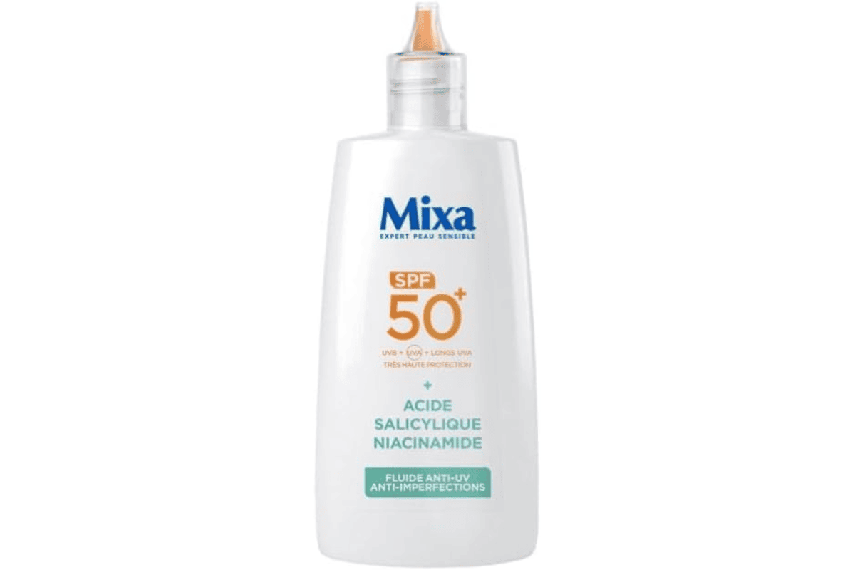 Mixa fluide quotidien anti UV anti imperfections SPF 50 plus tres haute protection acide salicylique niacinamide visage peaux mixtes