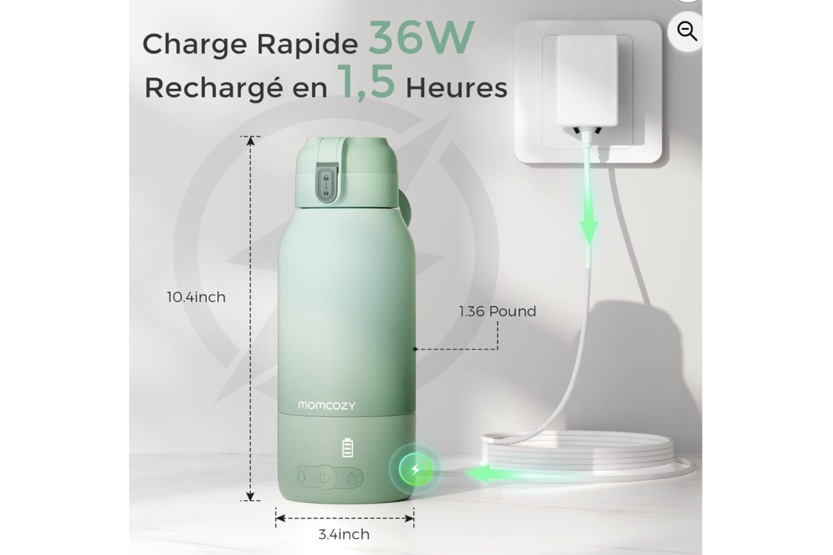 Momcozy : charge rapide 36W en 1h30, dimensions compactes