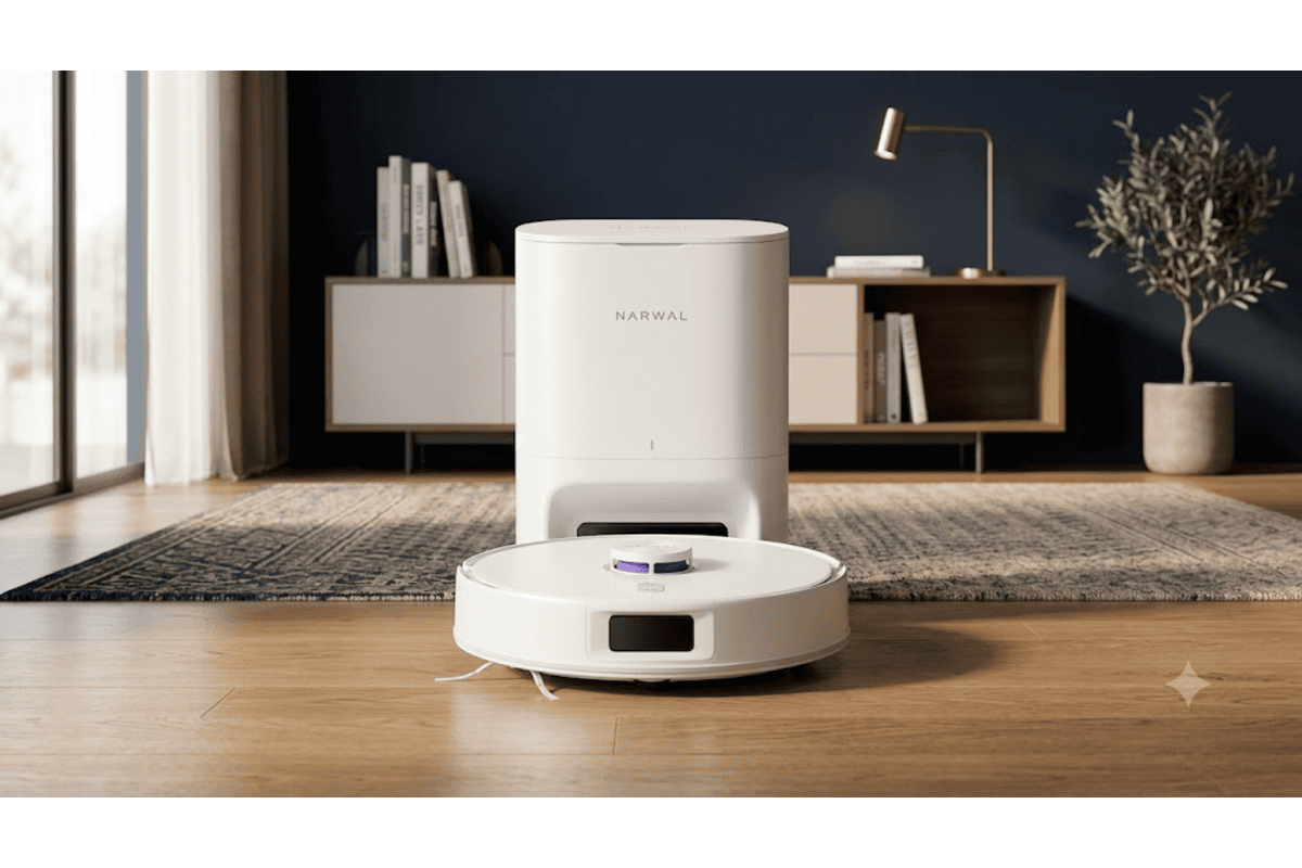 Narwal Freo S robot aspirateur laveur blanc station de vidage automatique salon design moderne parquet tapis 8000 Pa navigation LiDAR LDS silencieux 169 euros