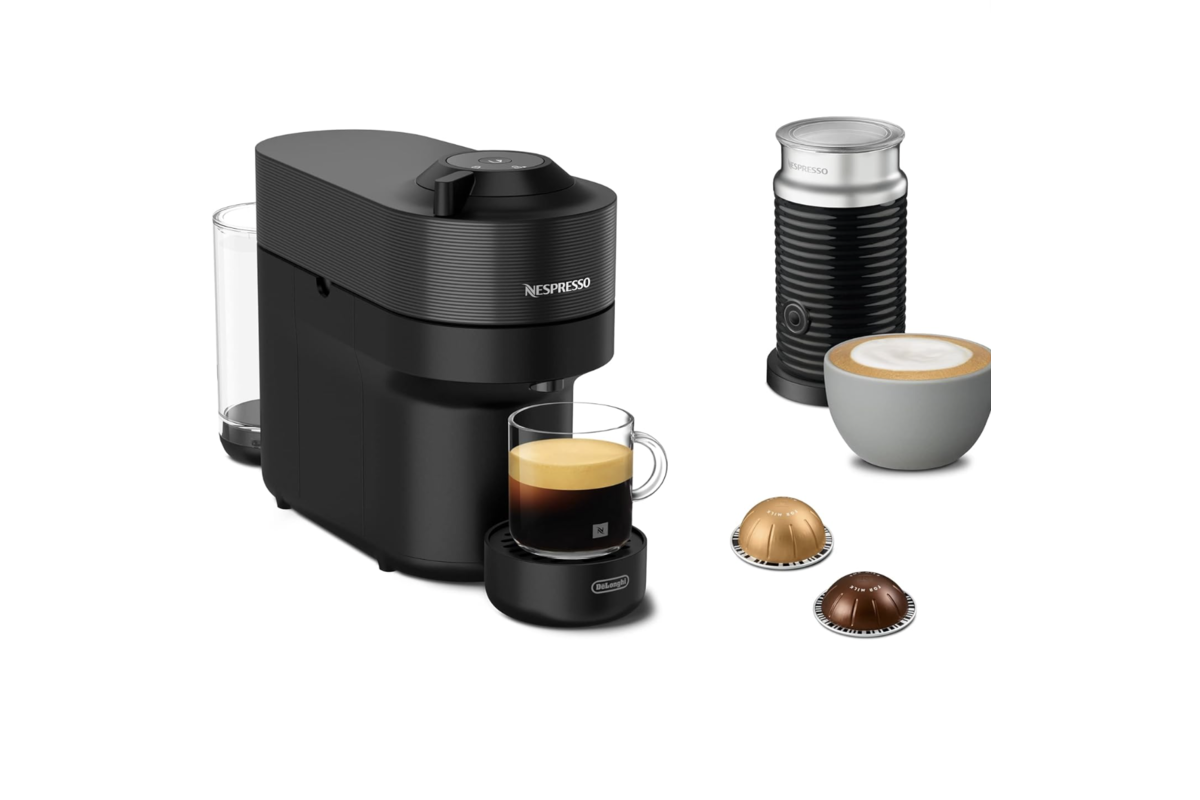 Nespresso De'Longhi Vertuo POP noir avec mousseur Aeroccino et capsules