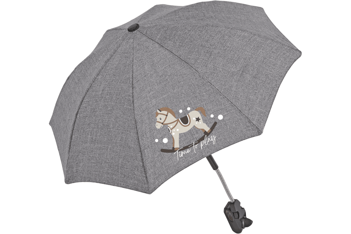 Parapluie poussette universel gris pliable ombrelle flexible protection anti-UV compatible toutes marques bras articulé