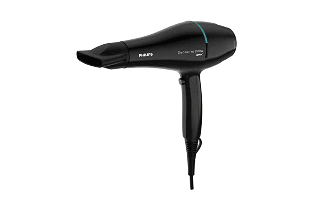 Philips DryCare Pro BHD272/00 — sèche-cheveux pro 2100W à 22,49 € sur Amazon : moteur AC puissant, flux d'air 130 km/h, technologie ThermoProtect, fonction ionique anti-statique, 6 combinaisons vitesse/température, buse étroite 9 mm, cordon 1,8 m, noir et turquoise