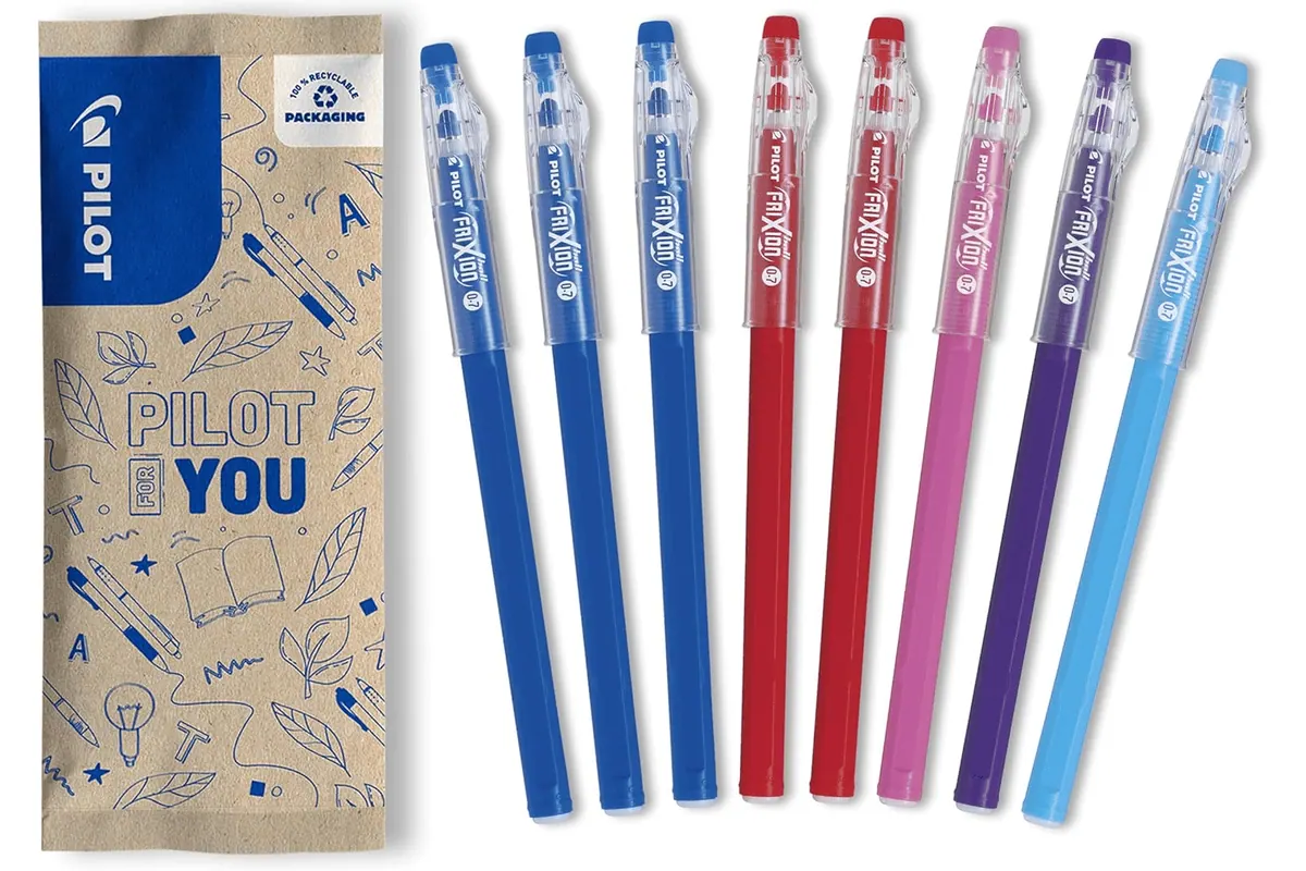 Pilot FriXion Ball Stick 8 stylos encre gel effacable 3 bleus 2 rouges 1 rose 1 mauve 1 turquoise pointe moyenne rentree scolaire