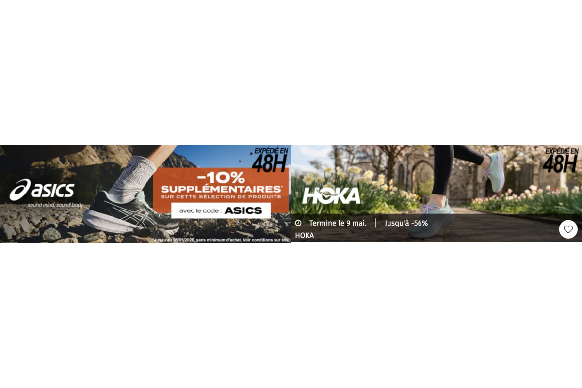 Bon plan Private Sport Shop ASICS -10% supplémentaires HOKA jusqu'à -56% running expédié 48h mai 2026
