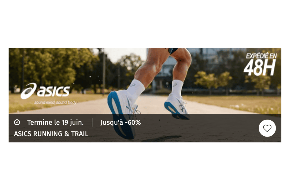 Bandeau Asics Running et Trail sur Private Sport Shop : coureur portant des chaussures Asics bleues en pleine course avec mention jusqu'à -60 %, expédié en 48 h, termine le 19 juin