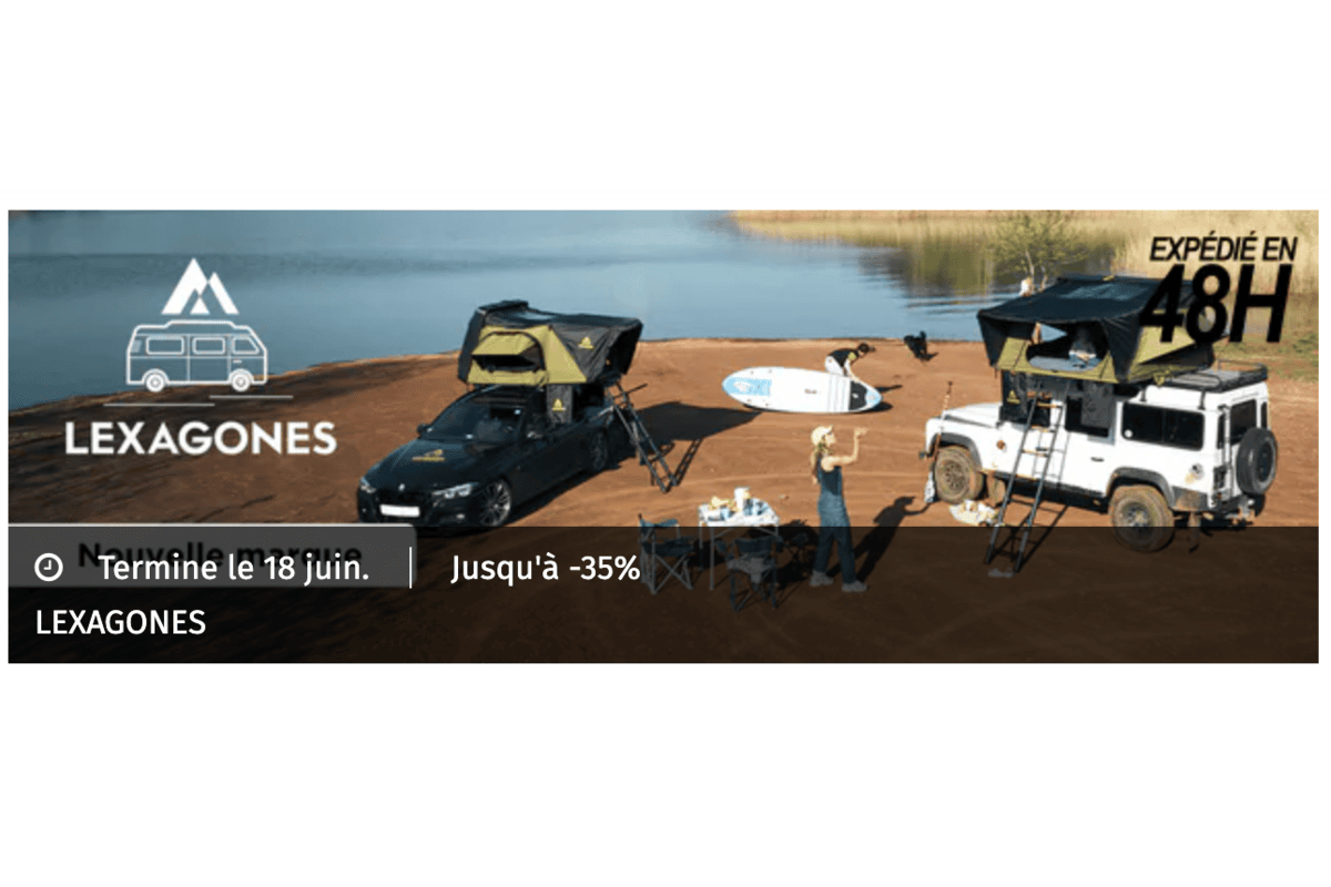Bandeau Lexagones sur Private Sport Shop : tente de toit, paddle et 4x4 au bord d'un lac avec mention jusqu'à -35 %, expédié en 48 h, termine le 18 juin