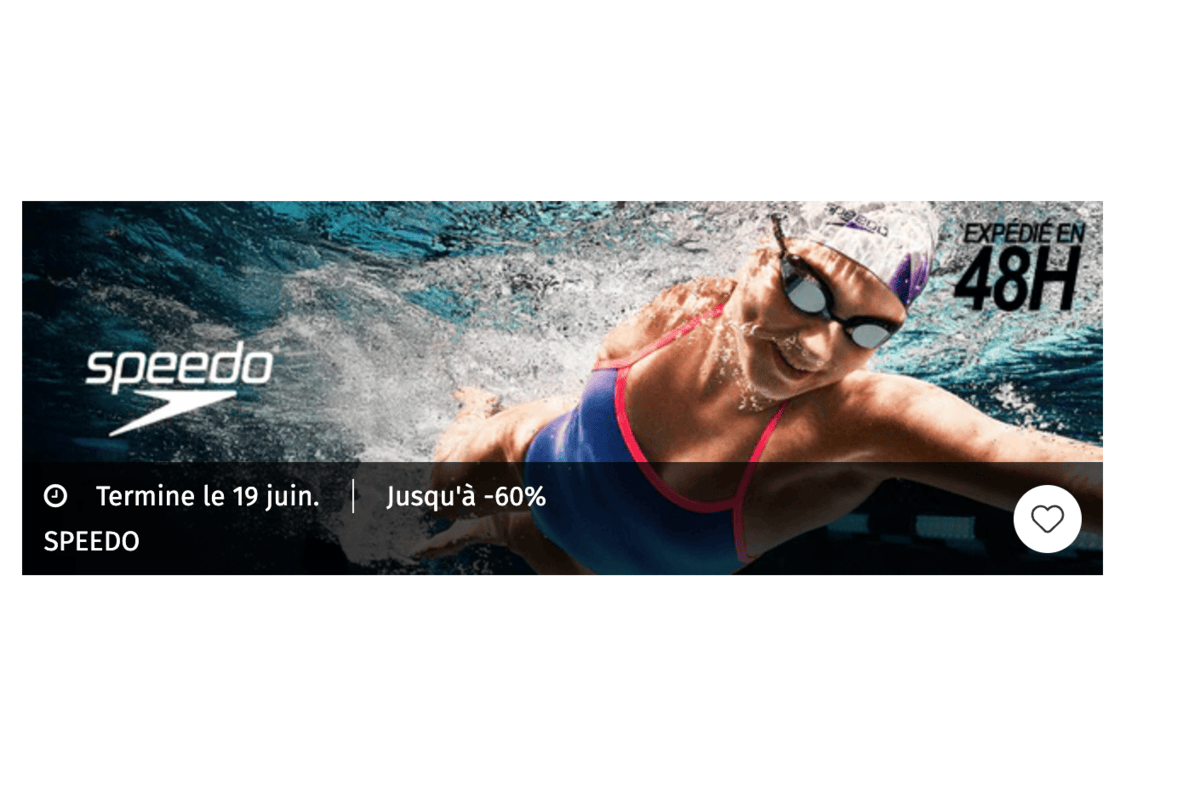 Bandeau Speedo sur Private Sport Shop : nageuse en maillot bleu et rose en train de plonger en piscine avec mention jusqu'à -60 %, expédié en 48 h, termine le 19 juin