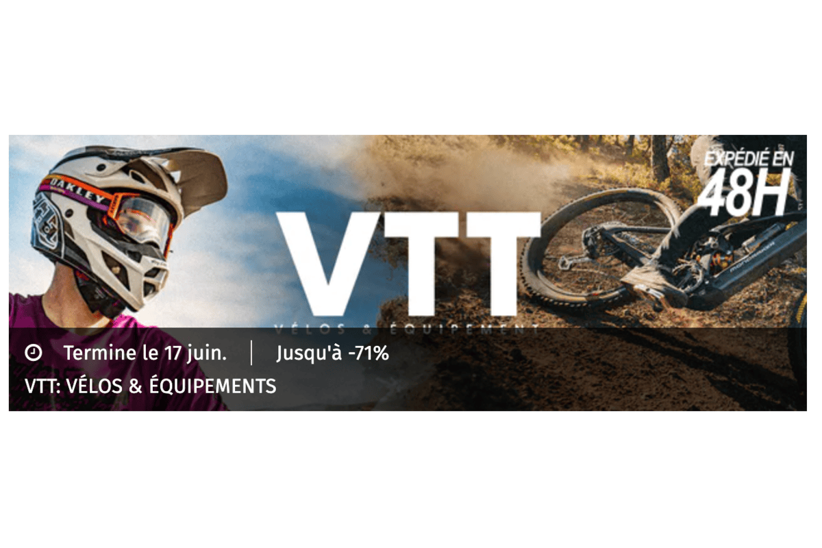Bandeau VTT Vélos et Équipements sur Private Sport Shop : casque VTT et vélo de descente avec mention jusqu'à -71 %, expédié en 48 h, termine le 17 juin